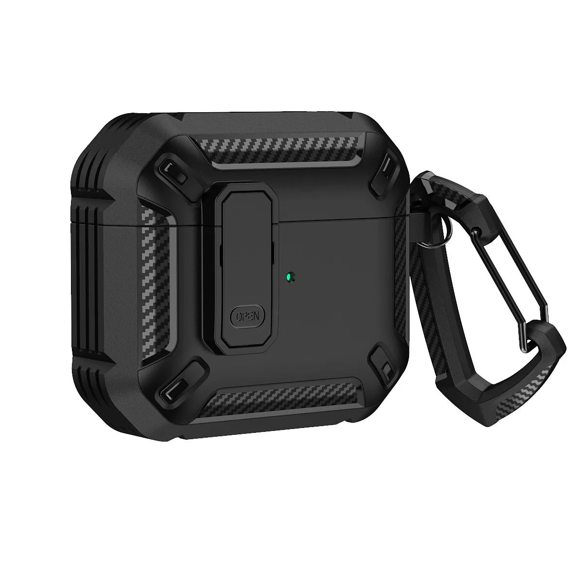 Black rugged protective AirPods case with carbon fibre accents and a secure locking latch and carabiner.