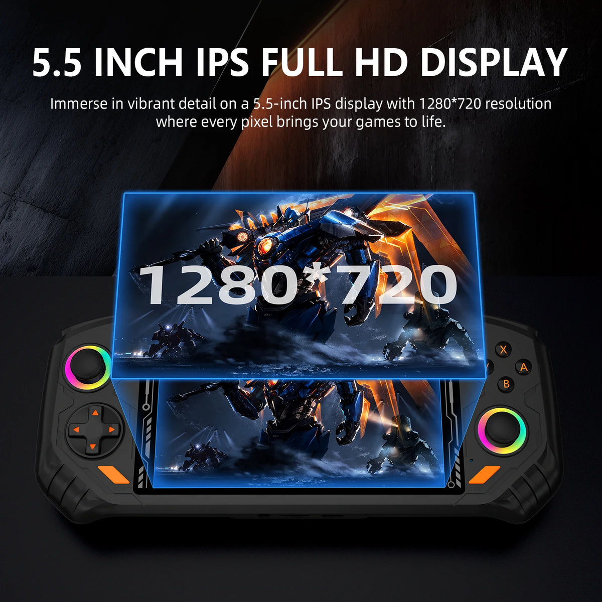 Black AISLPC RG52 MINI handheld game console with 5.5-inch IPS screen, dual joysticks, and ABXY buttons.