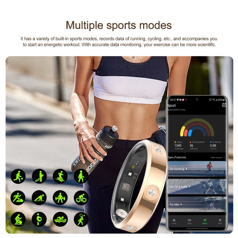 Rose gold smart fitness ring with embedded sensors, shown next to a smartphone app displaying sports activity data.