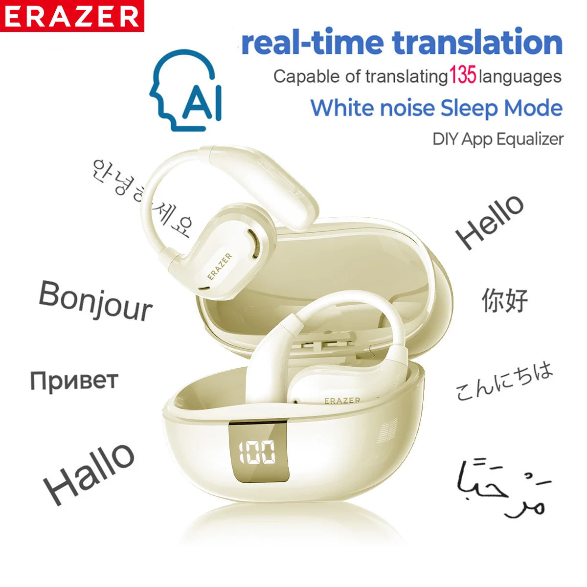 Cream-colored open-ear wireless earbuds with a charging case featuring a digital battery display and translation features.