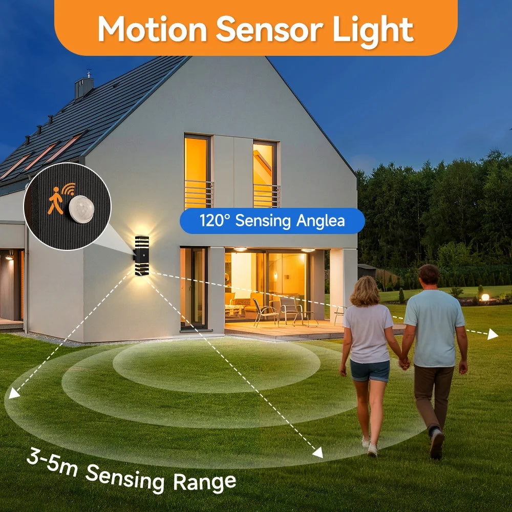 Modern black outdoor LED wall light featuring a motion sensor with a 120-degree angle and 3-5m detection range.