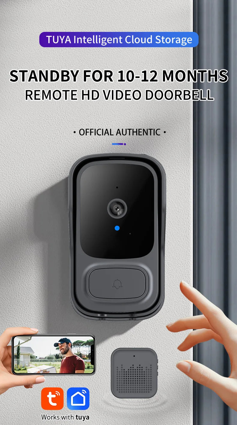 A sleek, matte grey smart wireless video doorbell mounted on a wall, showing its camera lens and chime speaker.