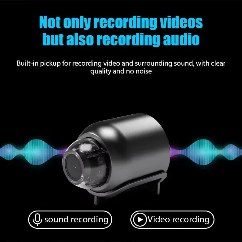 Compact black wireless smart security camera with built-in microphone for high-quality audio and video recording.