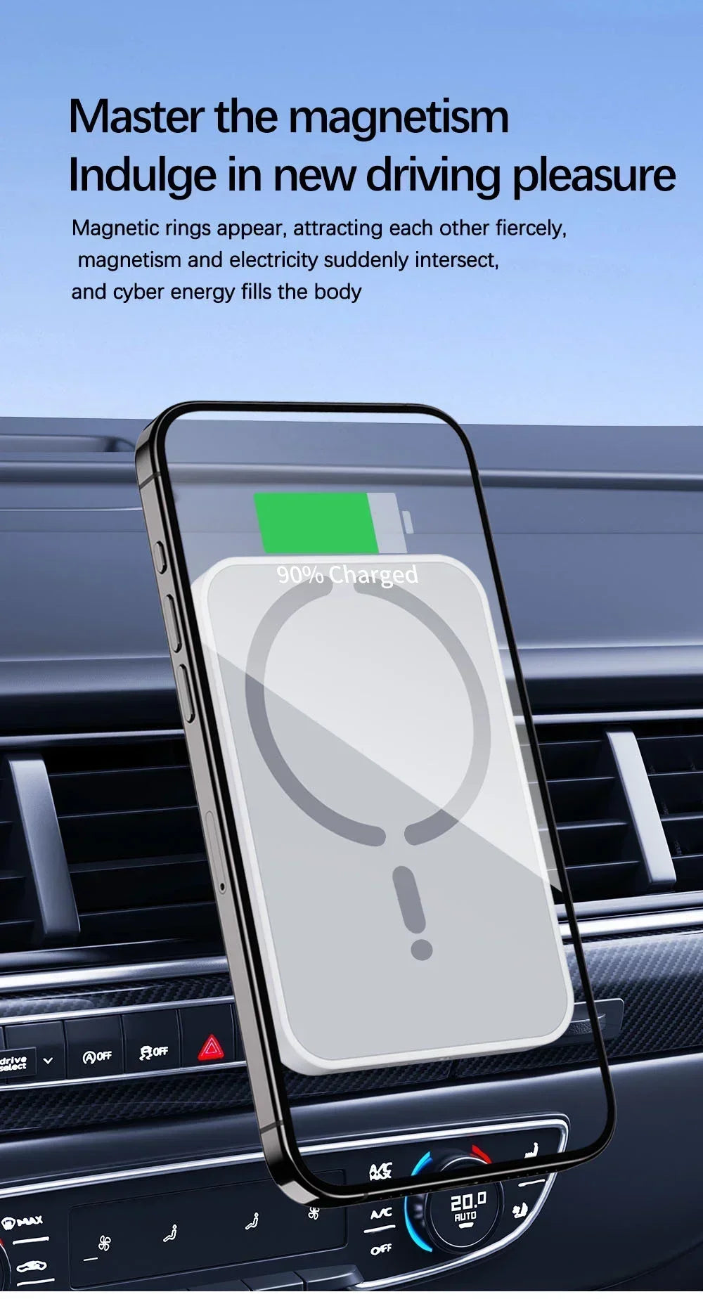 Magnetic car phone mount attached to an air vent, holding a smartphone showing a 90% battery charging animation.