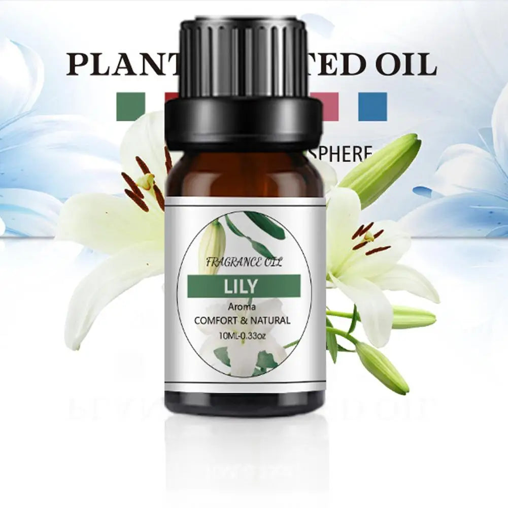 10ml amber glass bottle of Lily fragrance oil with a black screw cap, set against a background of white lily flowers.