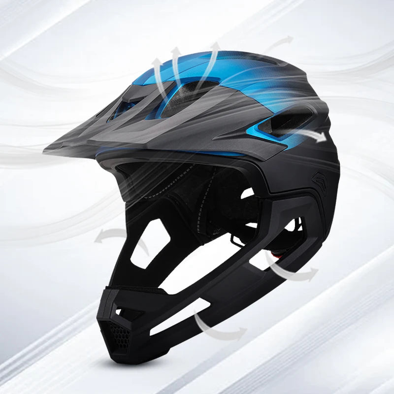 Black and blue full-face mountain bike helmet with ventilation slots and a visor against a swirling background.