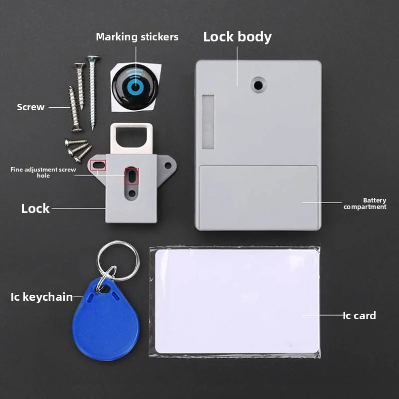Gray plastic electronic cabinet lock kit with mounting screws, IC card, and blue RFID key fob.