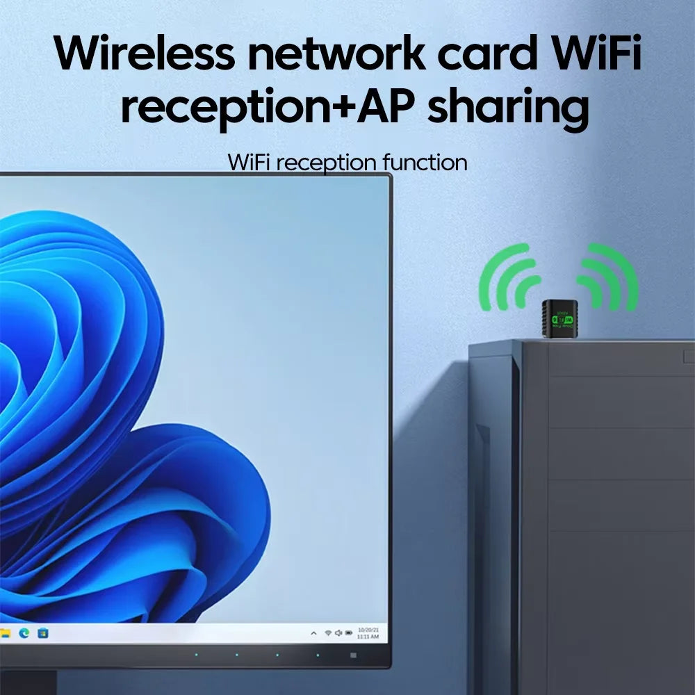 Compact black dual-band WiFi 6 and Bluetooth USB adapter plugged into a desktop computer tower emitting a WiFi signal.