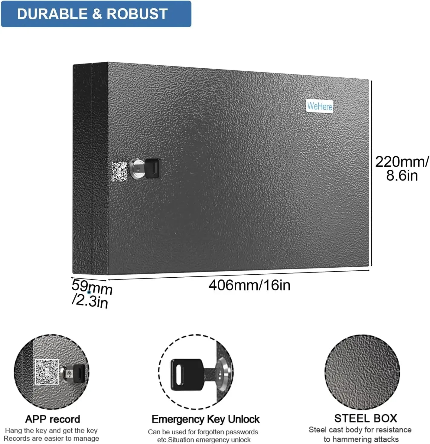 Black rectangular steel key storage box with a key lock, QR code scanner, and dimensions indicated on the image.