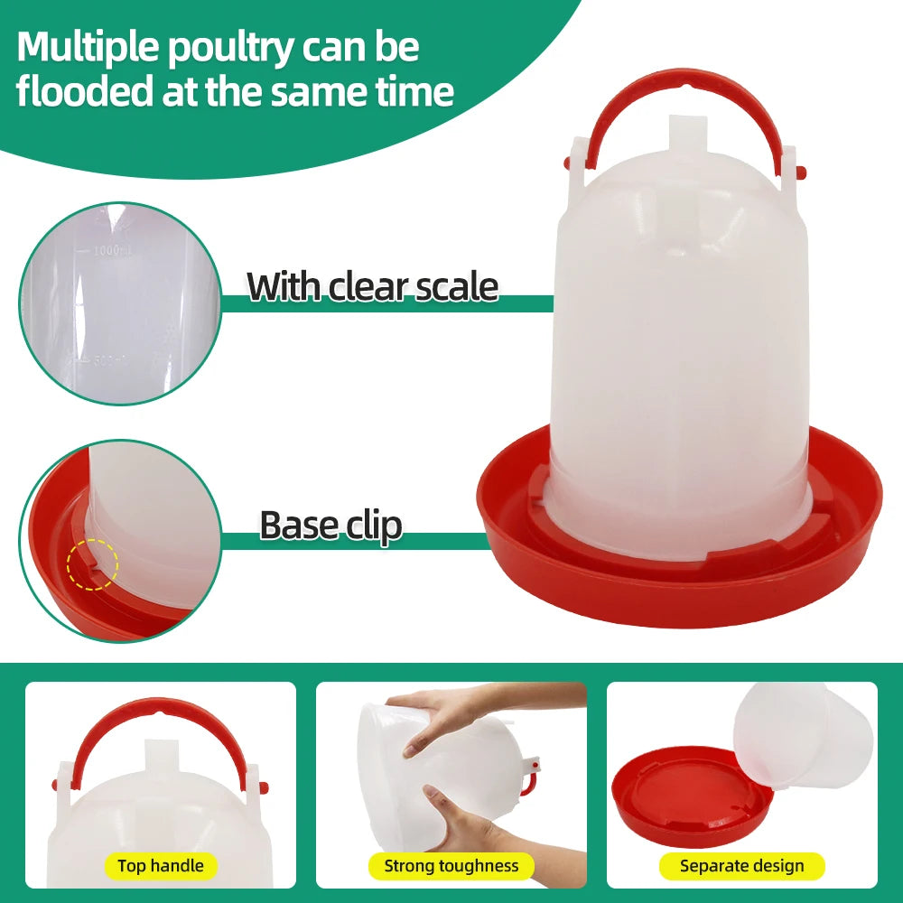 White and red plastic poultry waterer with a clear volume scale, carrying handle, and detachable base.