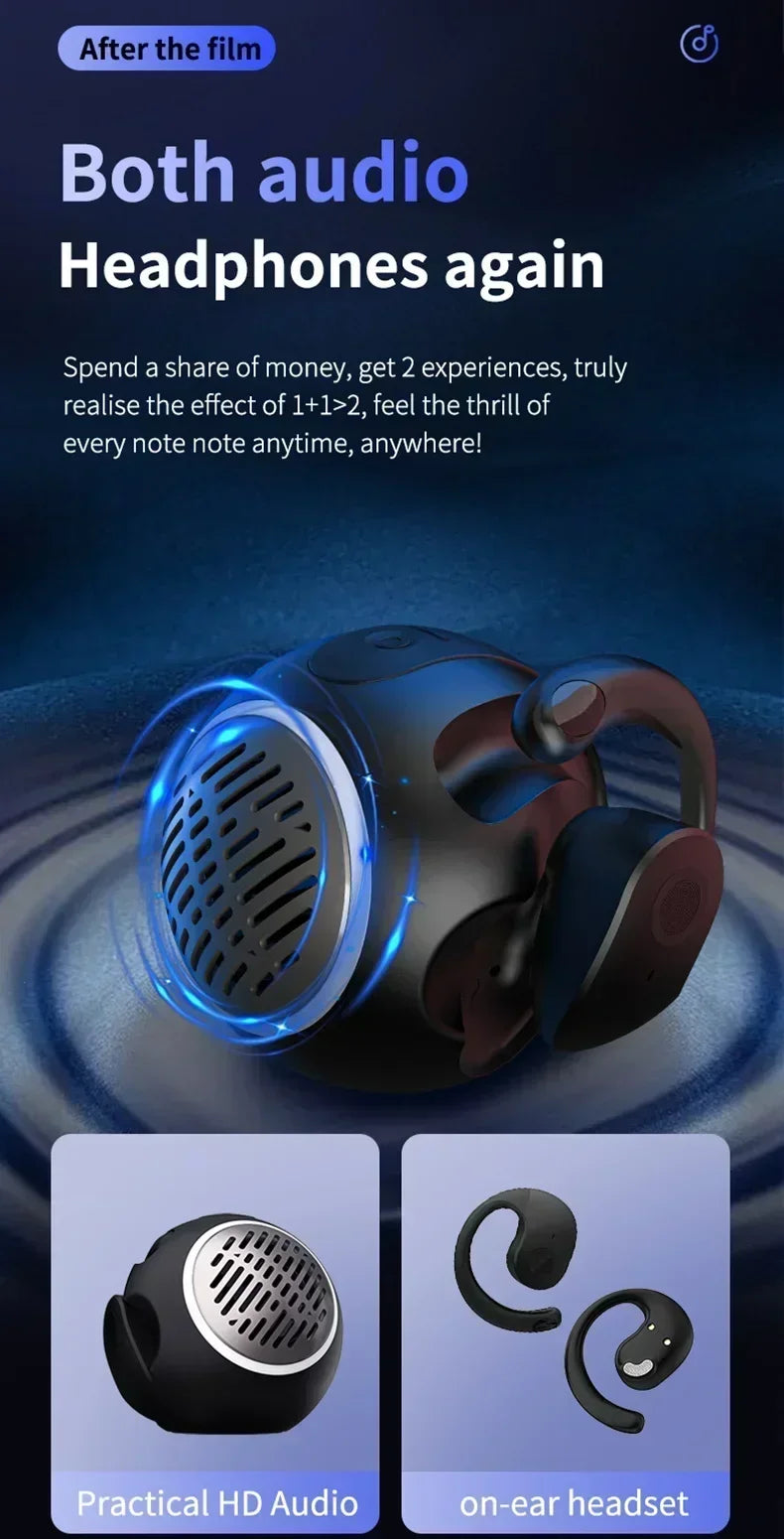 Black 2-in-1 audio device that transforms from a portable circular speaker into a pair of black on-ear headphones.