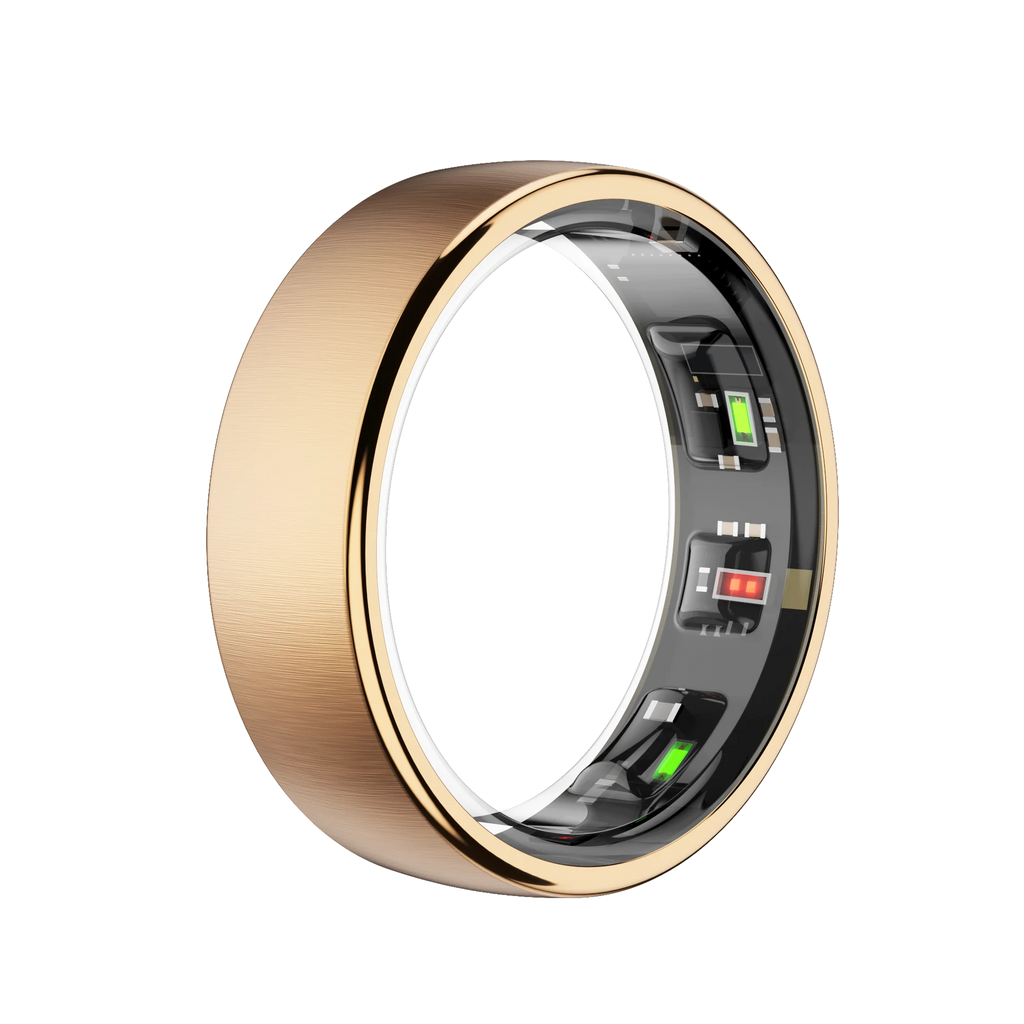 Sleek brushed gold smart ring, showing the inner health-tracking sensors with glowing green and red lights.