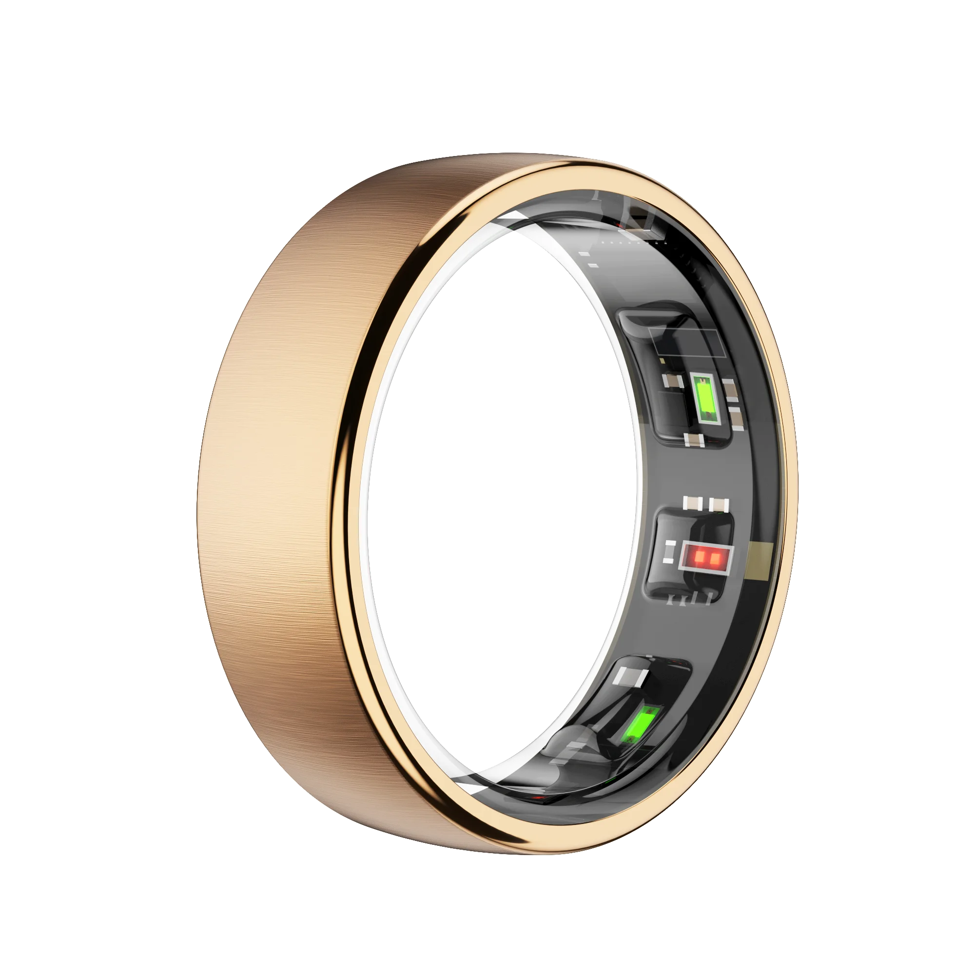 Sleek brushed gold smart ring, showing the inner health-tracking sensors with glowing green and red lights.