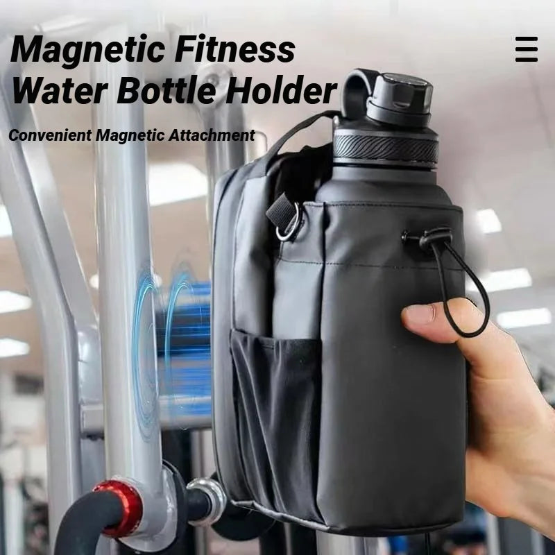 Black magnetic fitness water bottle holder attached to gym equipment, featuring a side pocket and drawstring closure.
