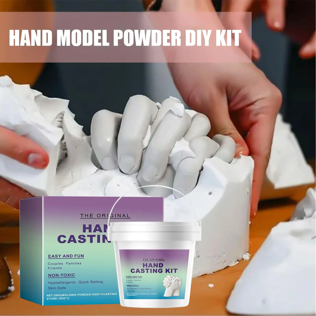 DIY hand casting kit with non-toxic white molding powder to create detailed hand sculptures. Comes in a plastic bucket.