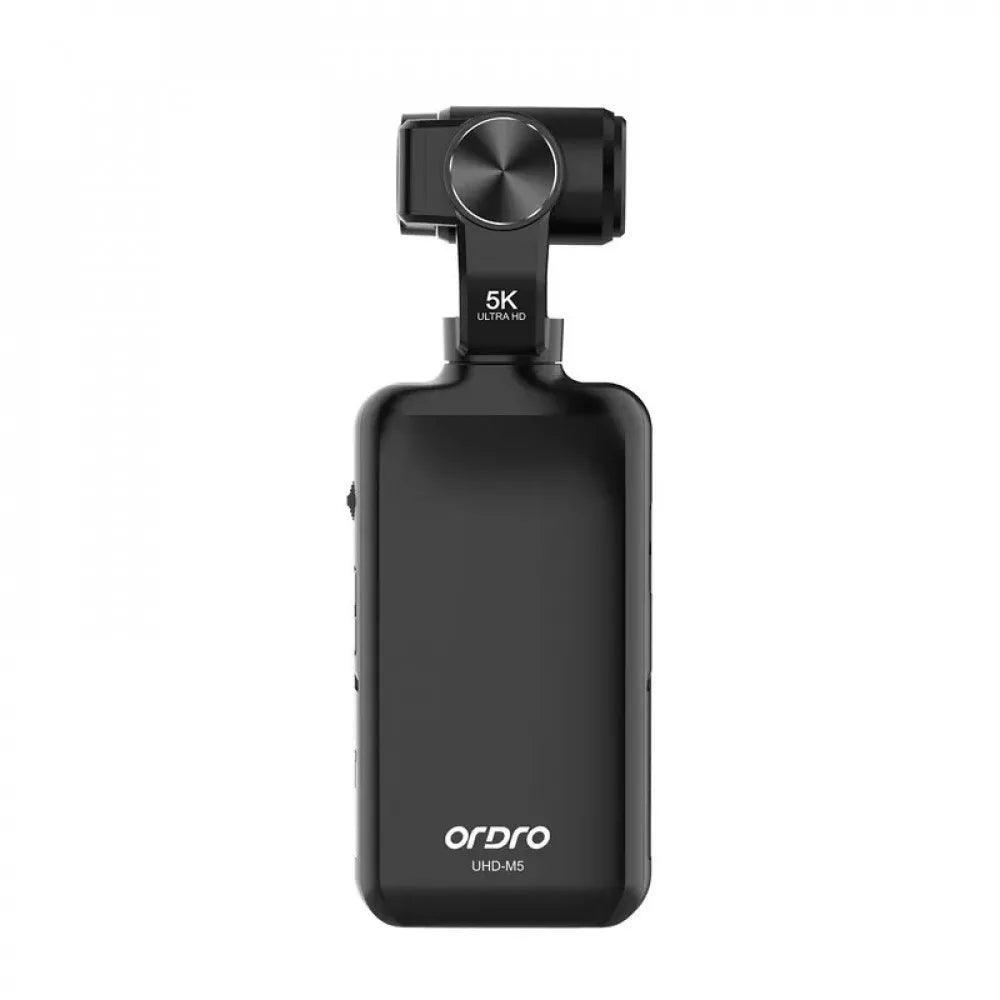 Black Ordro UHD-M5 handheld 5K camera with a mounted gimbal on a white background.