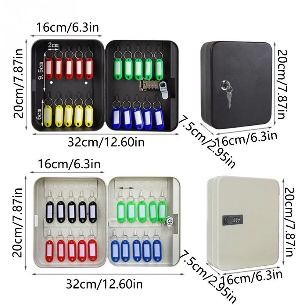 Black and white metal key lock boxes with 20 hooks, colorful key tags, and combination locks, with dimensions shown.