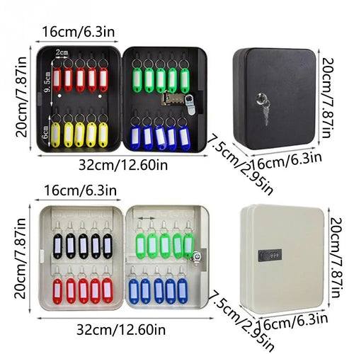 Black and white metal key lock boxes with 20 hooks, colorful key tags, and combination locks, with dimensions shown.