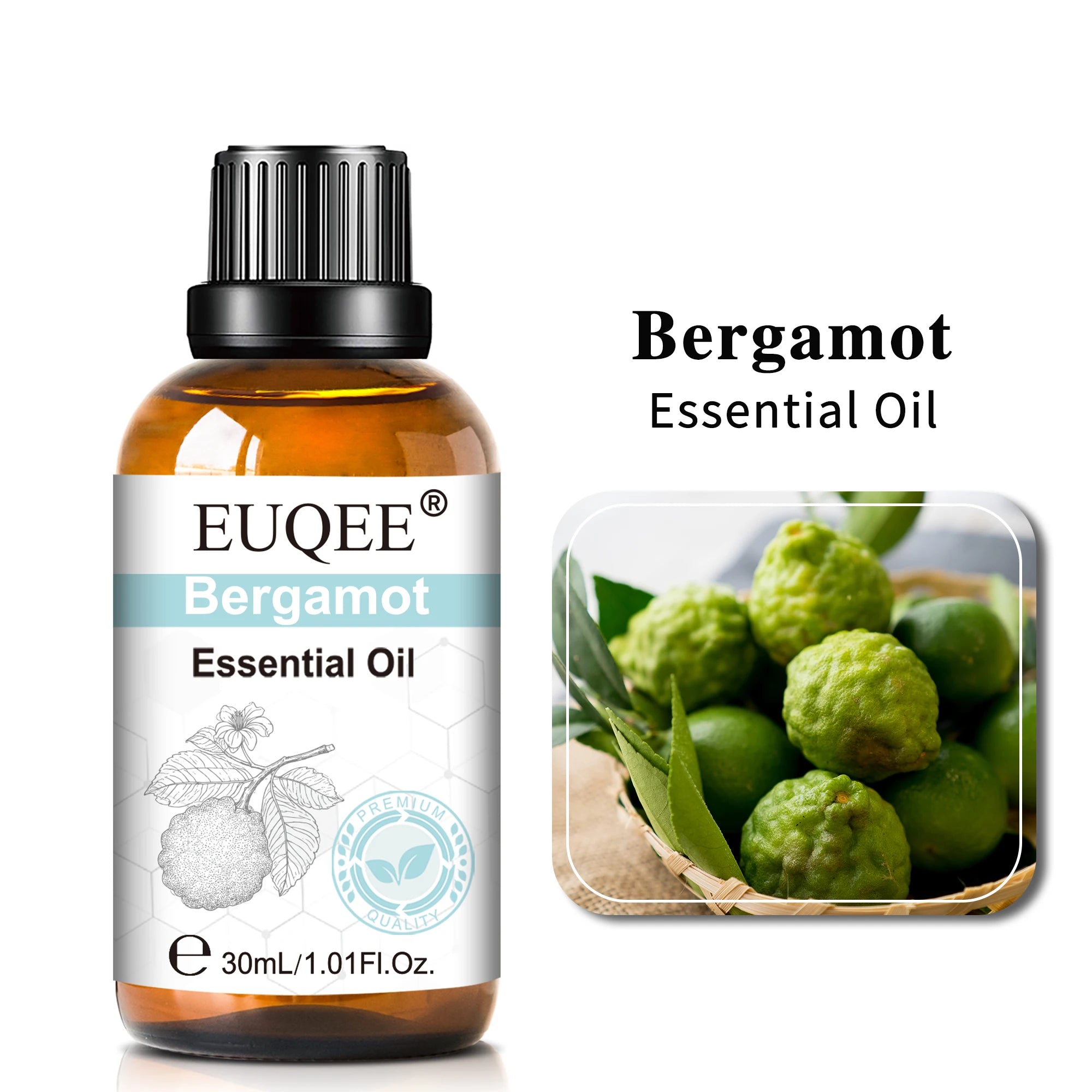 30ml bottle of Bergamot essential oil in an amber glass bottle with a black dropper cap, next to fresh bergamot fruit.