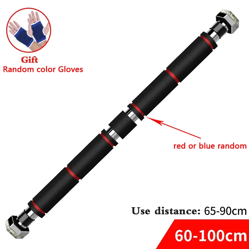 Black and red adjustable door frame pull-up bar with foam grips and end caps.