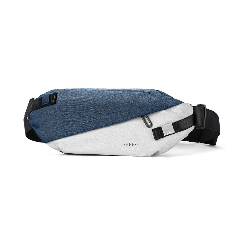 Blue and light grey anti-theft crossbody sling bag with a secure zip, adjustable black strap, and sleek design.