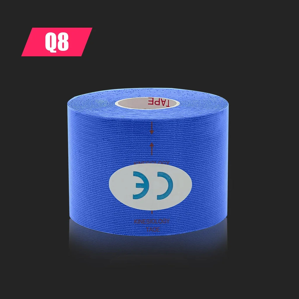A roll of blue kinesiology sports tape with a central CE mark label on a black background.
