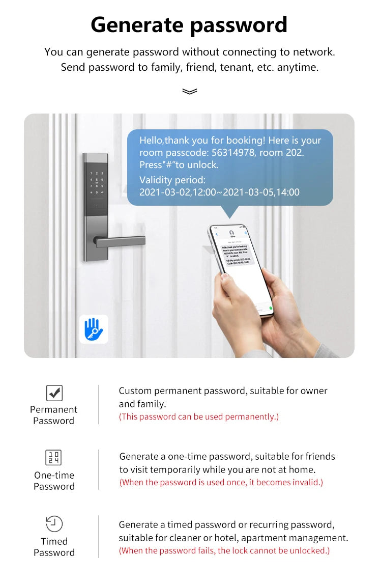 Grey smart door lock with a digital keypad, controlled by a smartphone app displaying temporary access codes.