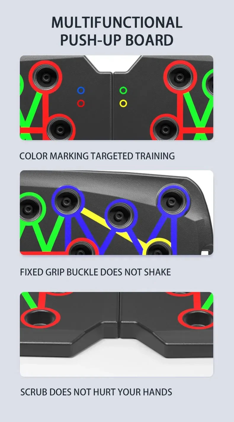 Black, foldable push-up board with colourful, target-specific muscle exercise markings and secure-grip handle slots.