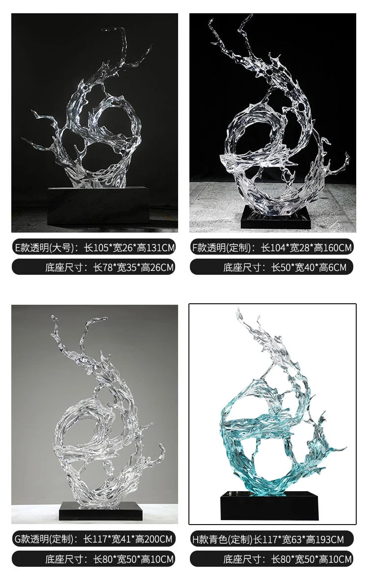 Abstract clear and blue resin sculptures featuring fluid, water-splash designs on black rectangular bases.
