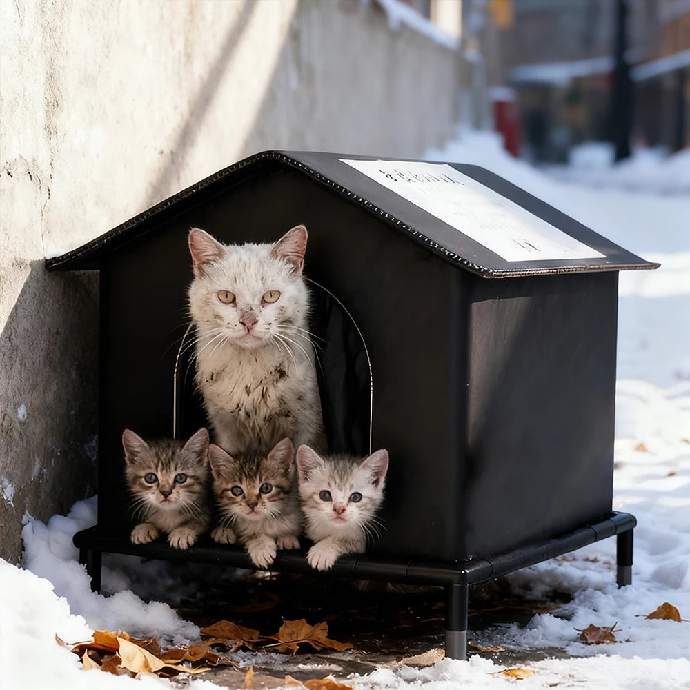 A black, waterproof outdoor cat house on legs, sheltering a mother cat and her three kittens in snowy conditions.