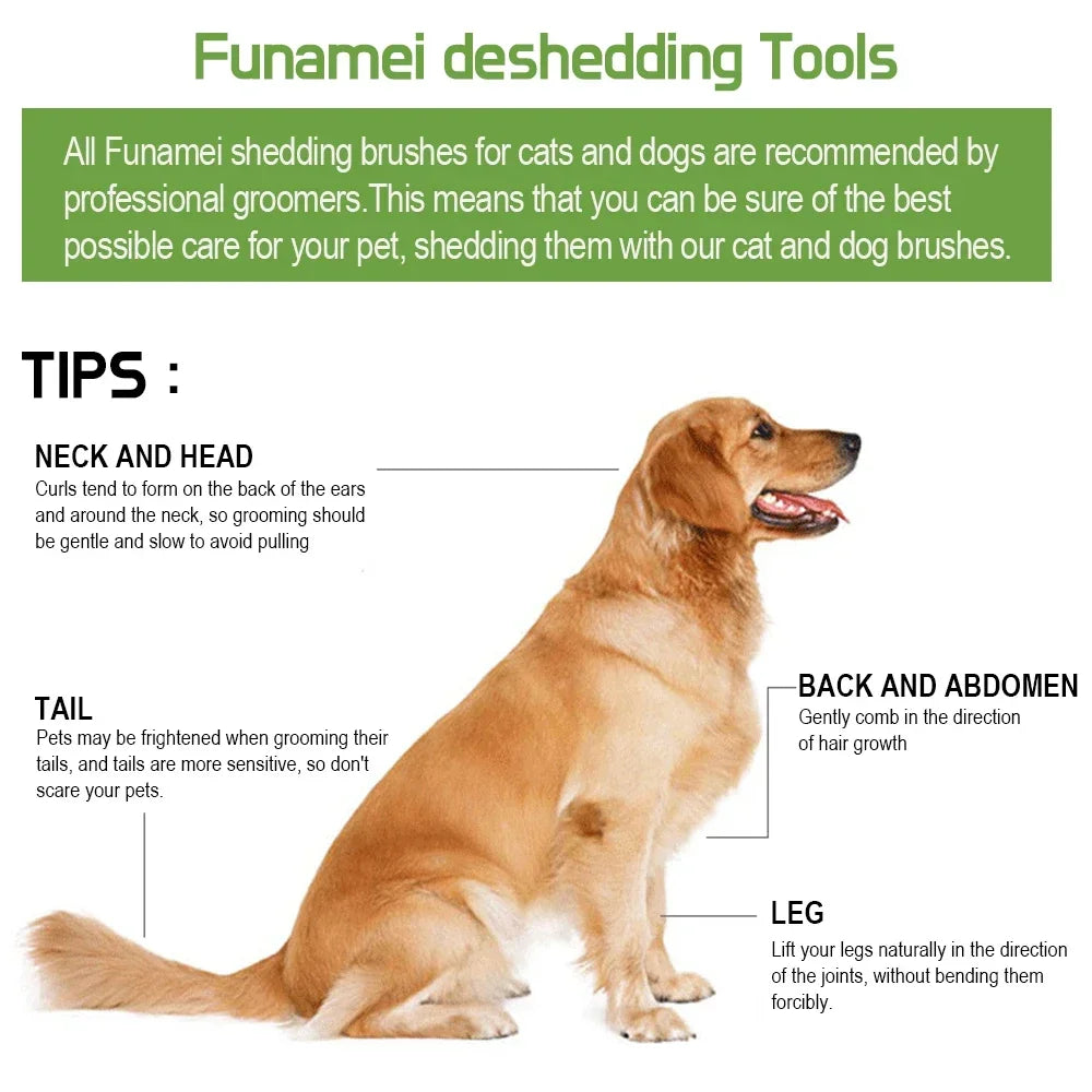 Funamei deshedding tool infographic featuring a golden-coloured dog with grooming tips for various body areas.