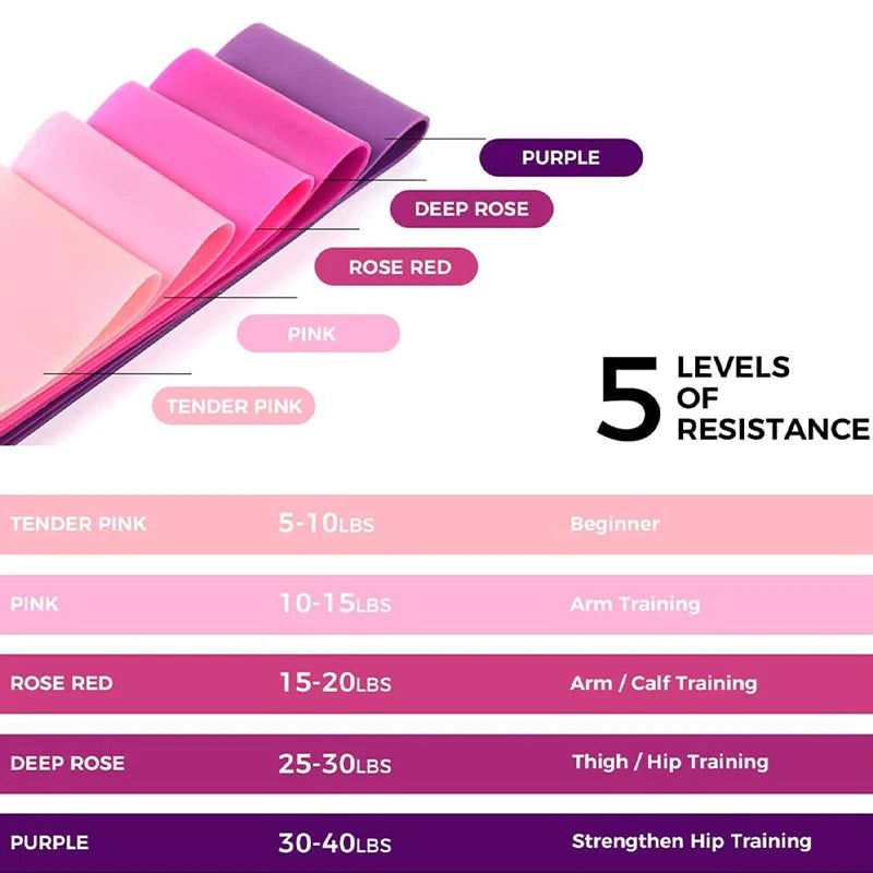 A set of 5 resistance bands in gradient pink and purple shades, showing resistance levels from 5-40lbs.