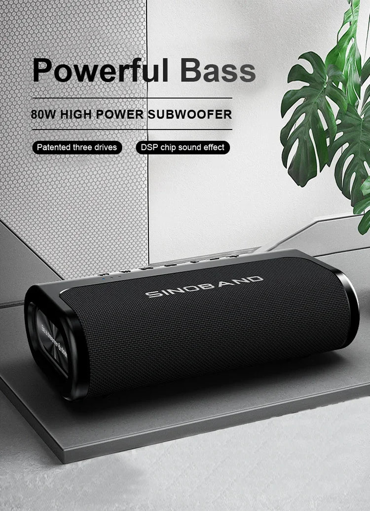 Black, rectangular 80W wireless speaker with a mesh grille and side drivers for powerful bass and crisp sound.