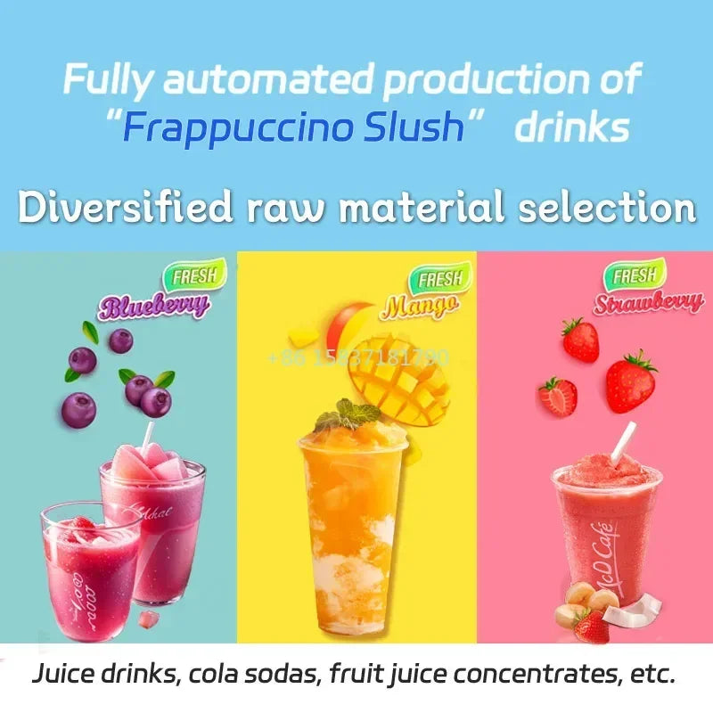 Blue, yellow, and pink panels show three slush drinks: blueberry, mango, and strawberry, with matching fresh fruits.