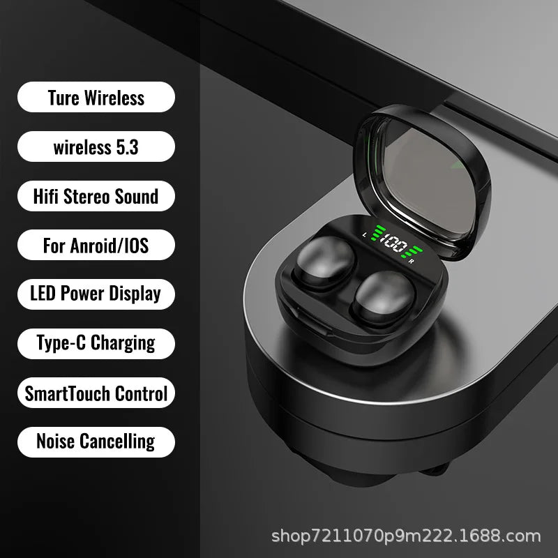 Black wireless earbuds in a charging case with a digital LED battery display, shown with a list of product features.