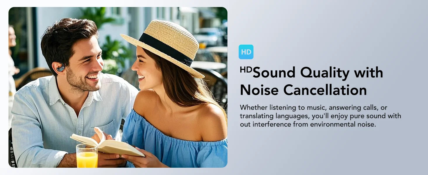 A man and woman smiling outdoors, the man wearing a sleek, dark grey wireless earbud for HD sound and noise reduction.