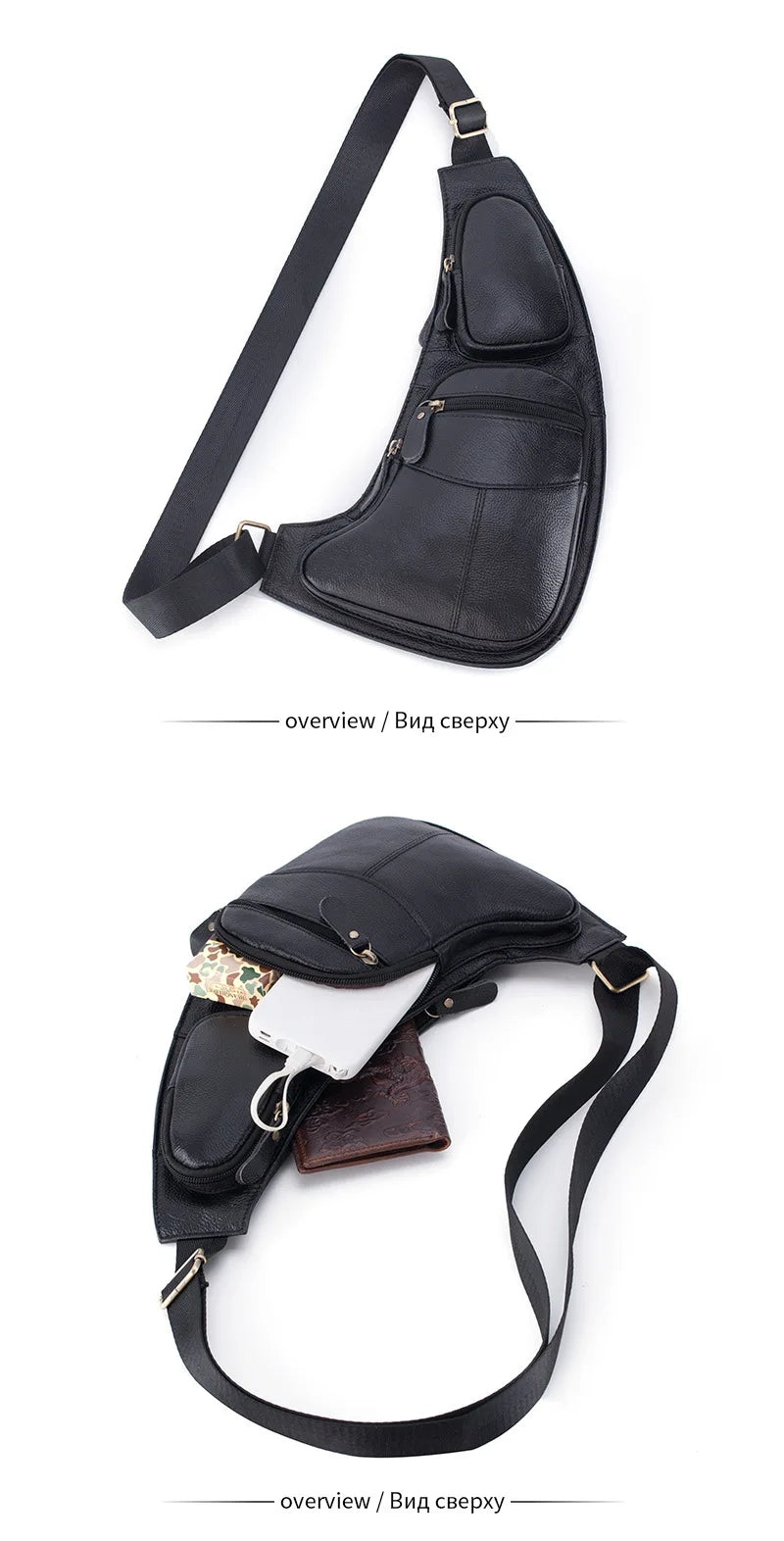Black leather-look men's crossbody sling bag with multiple zip pockets, adjustable strap, and organised compartments.