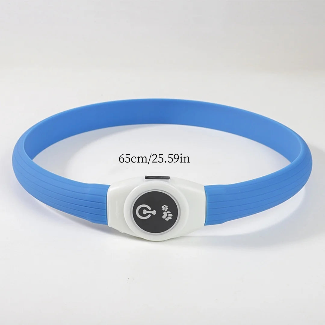 Blue LED waterproof dog collar, 65cm, featuring a white control unit with a paw-print power button.