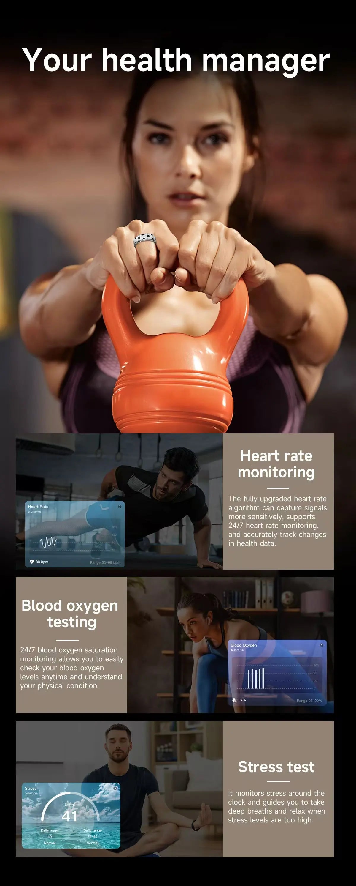 A sleek silver smart fitness ring worn during exercise, featuring heart rate, blood oxygen, and stress monitoring.
