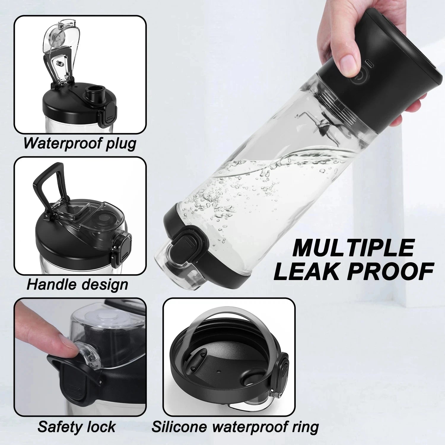 Portable black and clear electric blender bottle with a leak-proof lid, carry handle, and safety lock mechanism.