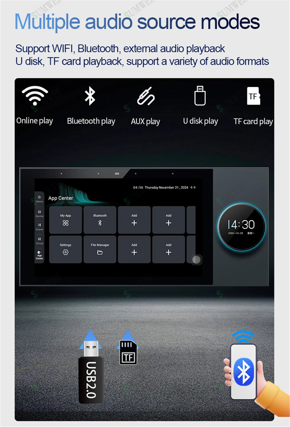 Black 7-inch wall-mounted smart touch panel with app interface, clock, and multiple wireless/wired audio connectivity.