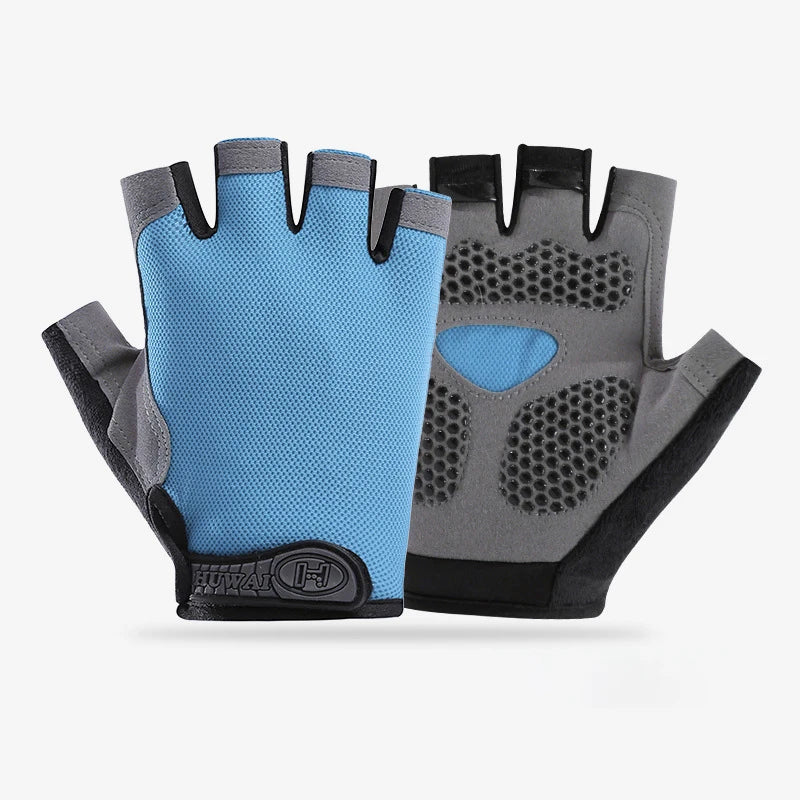 Blue and grey fingerless cycling gloves with padded, non-slip palms and Velcro wrist straps.