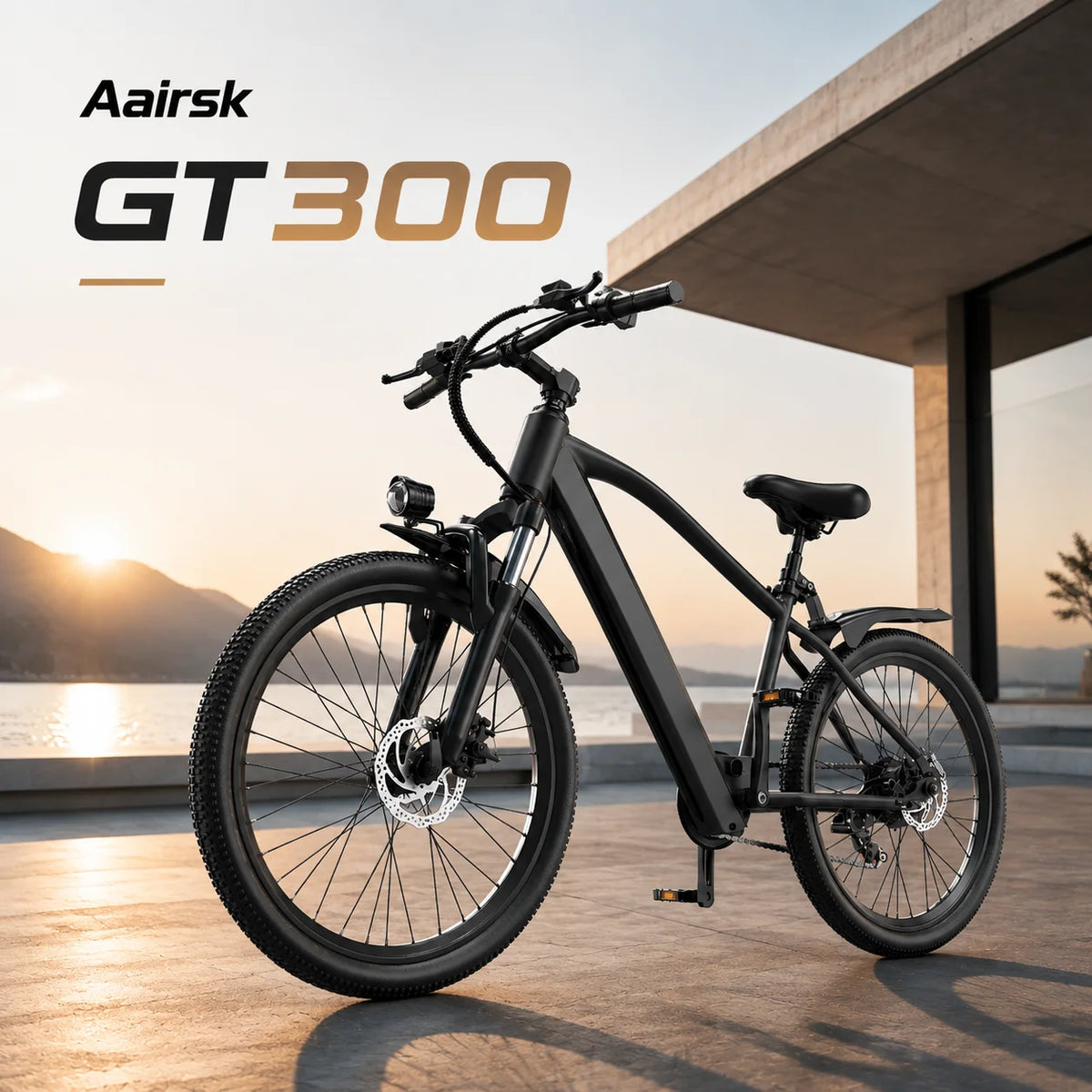 Aairsk GT300 black adult e-bike with 26-inch tires, disc brakes, front suspension, and headlight at sunset.