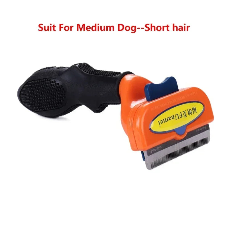 Orange and black pet de-shedding tool for short-haired medium dogs, featuring a metal blade and push-button release.
