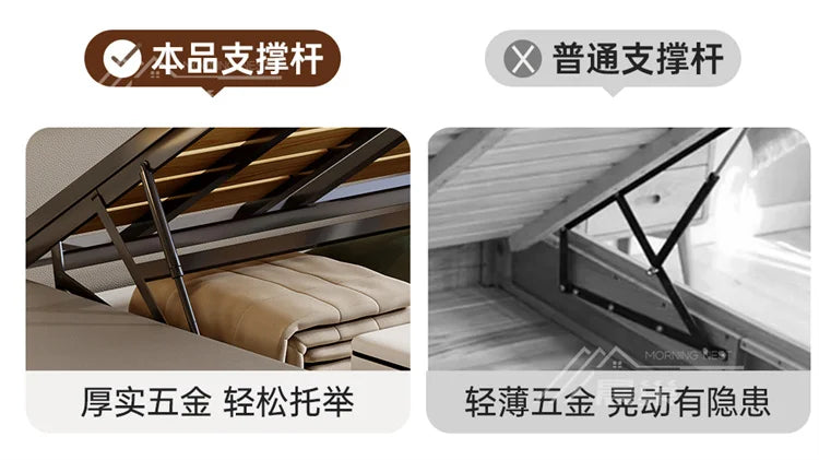 Comparison of high-quality, durable gas-lift mechanism versus a standard thin alternative for cream storage bed frame.