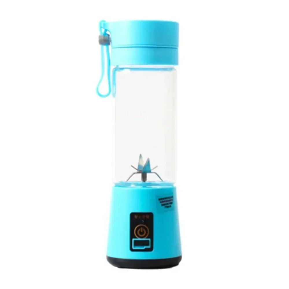 Portable light blue blender bottle with clear body, metallic blades, and a power button on the base.