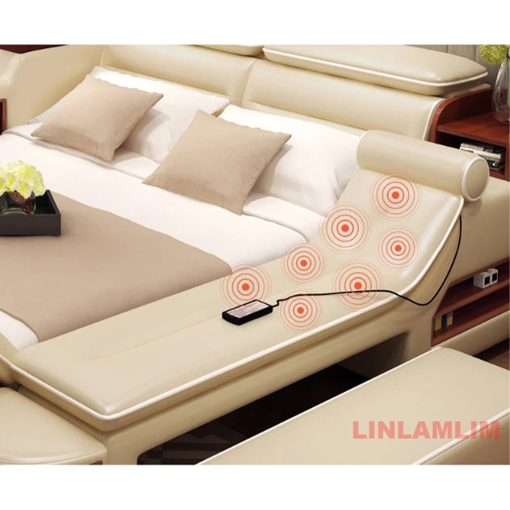Modern cream genuine leather platform bed with integrated storage shelves and massage feature.