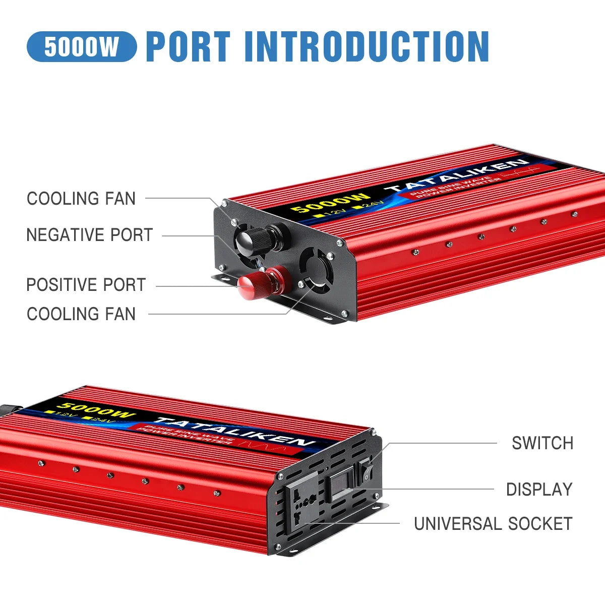 A red 5000W pure sine wave power inverter showing ports, cooling fans, universal socket, switch, and display.