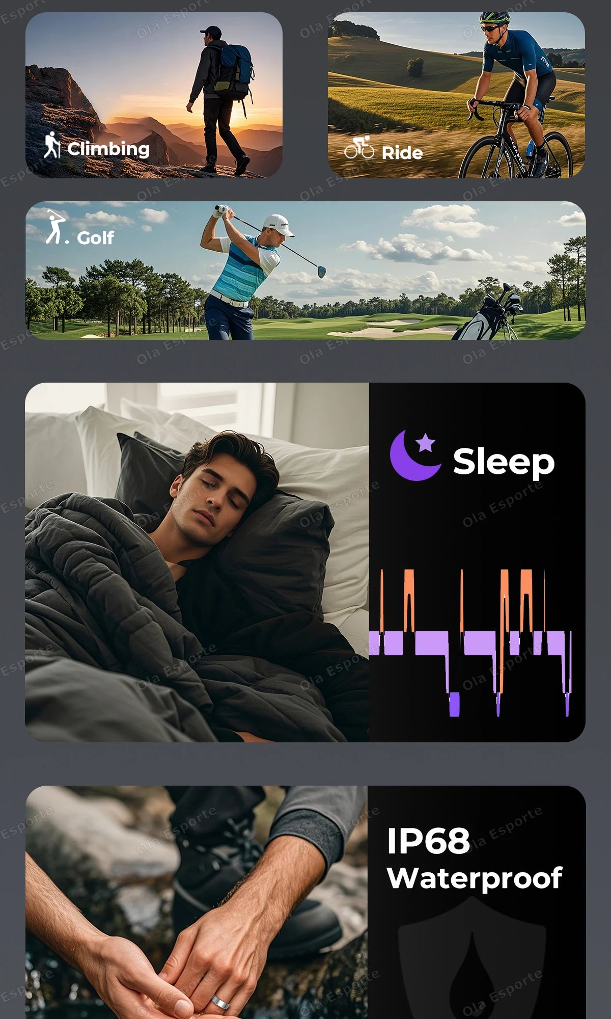 Sleek silver smart fitness ring shown with activity icons for climbing, cycling, golf, sleep tracking, and IP68 rating.