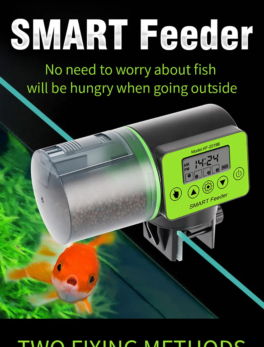 Automatic black and lime green digital fish feeder with a clear food container attached to the edge of an aquarium.
